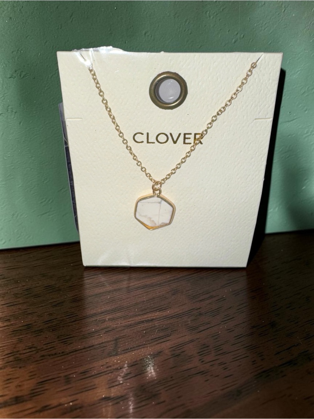 NEW Clover Gold Tone White Marble Hexagon Pendant Necklace